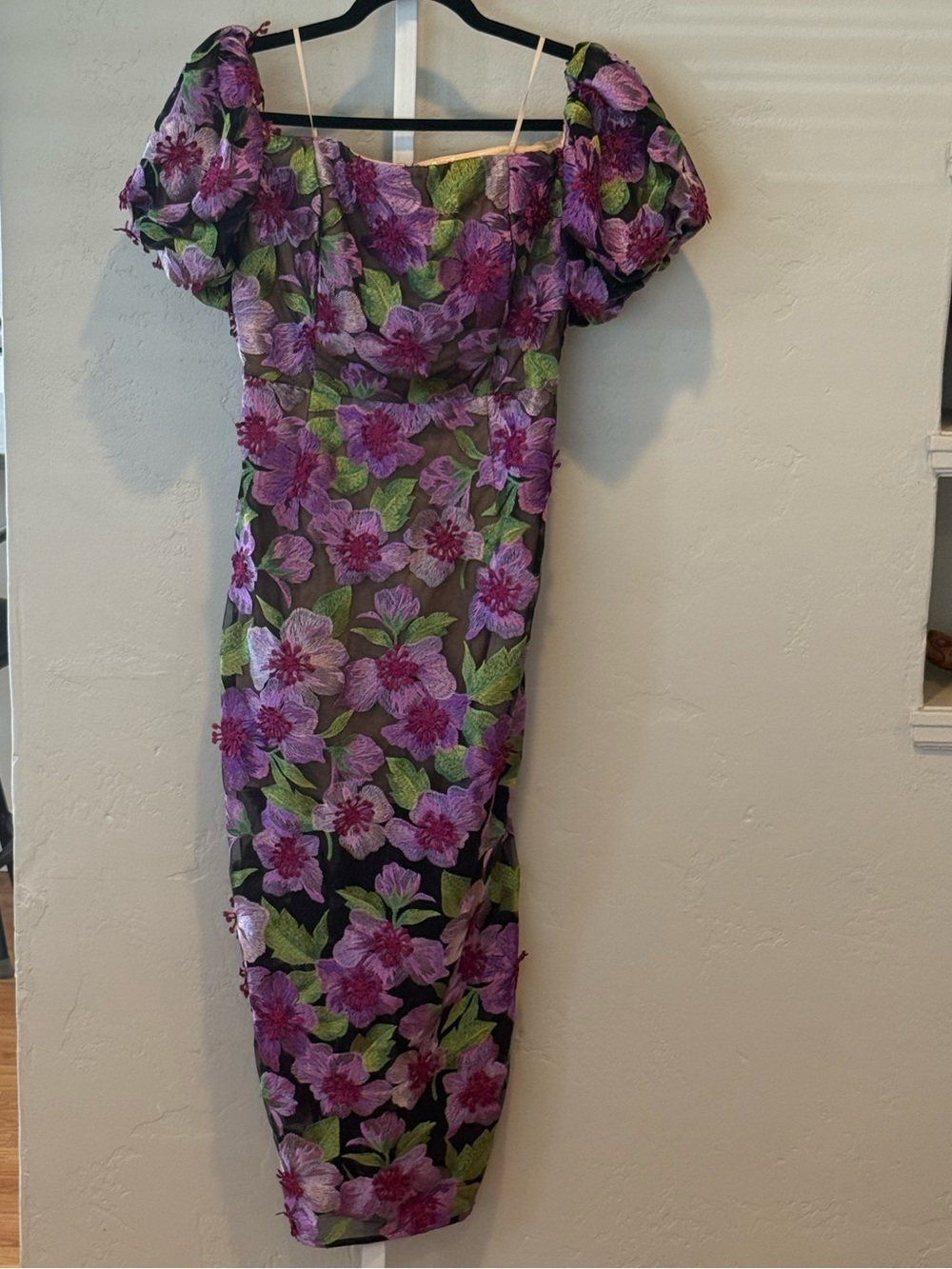 Milly Delicate Floral Embroidered Off-Shoulder Midi Dress.